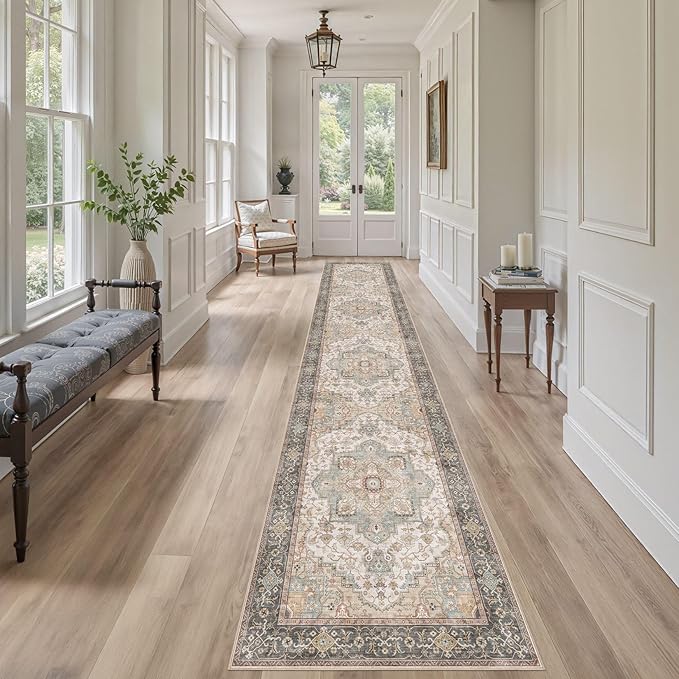 Washable 2.6x14 Runner Rug - Area Rugs Neutral Vintage Distressed Floral Farmhouse Boho Large Soft Floor Rug Indoor Carpet for Hallway Entryway Home - Forest Green Orange-Ruum Studio Home