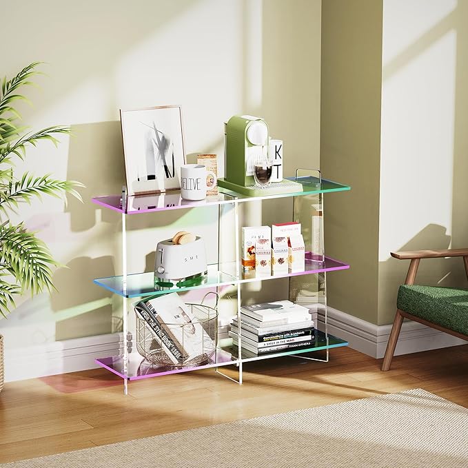 Acrylic Bookshelf, Small 3 Tier Open Bookcase for Small Spaces,Sofa Table, Hallway Entry Table for Home Living Room (Iridescent, 39.4" x 11.8" x 31.5)-Ruum Studio Home