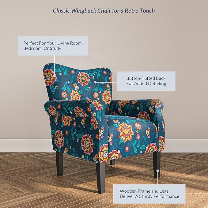 BELLEZE Modern Accent Chair for Living Room, High Back Linen Armchair with Wooden Legs, Upholstered Wingback Side Chair Padded Armrest Single Sofa for Living Room, Bedroom - Allston (Blue & Flower)-Ruum Studio Home