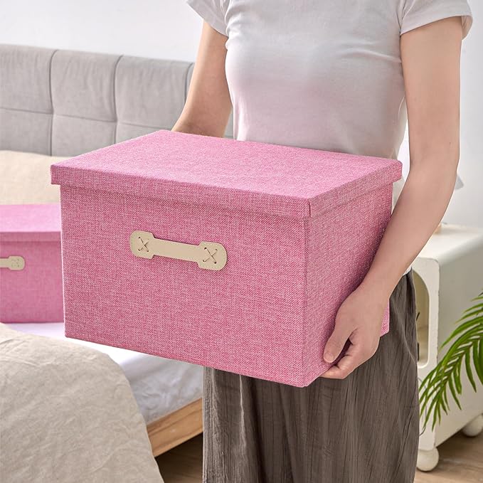 Enzk&Unity Decorative Storage Bins with Lids, Fabric Linen Foldable Storage Box with Handle Home Organizer for Shelf, Closet, Bedroom, Living Room, Office, 3 Packs, Pink-Ruum Studio Home