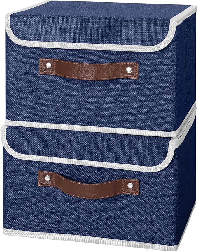 ANMINY 2PCS Storage Bins with Lid PU Leather Handles Storage Boxes PP Plastic Board Decorative Foldable Lidded Cotton Linen Fabric Home Cubes Baskets Closet Organizer Containers - Blue, Small Size-Ruum Studio Home