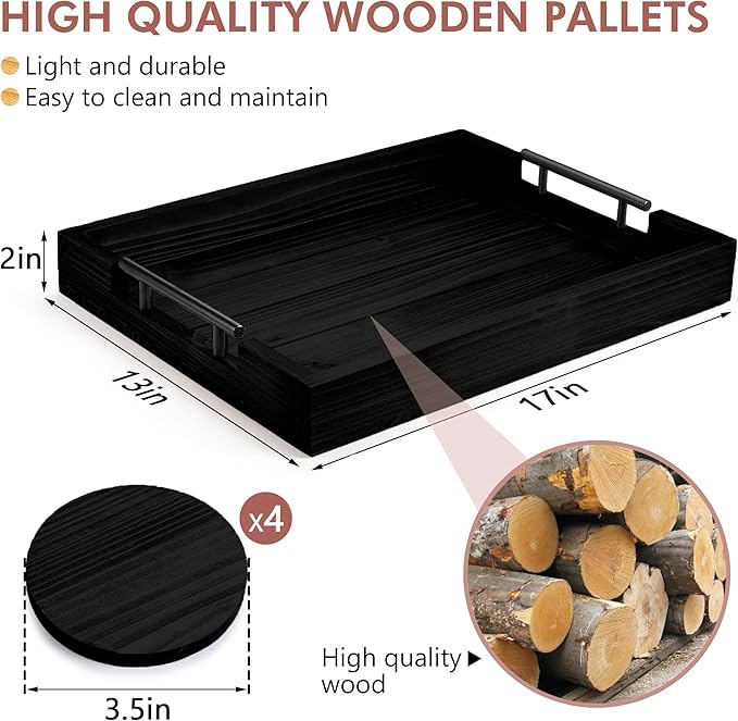 Ottoman Serving Tray | Decorative Coffee Table Tray with Handles – 17x13 Inch Wooden Tray with 4 Coasters for Breakfast, Kitchen & Bar-Ruum Studio Home
