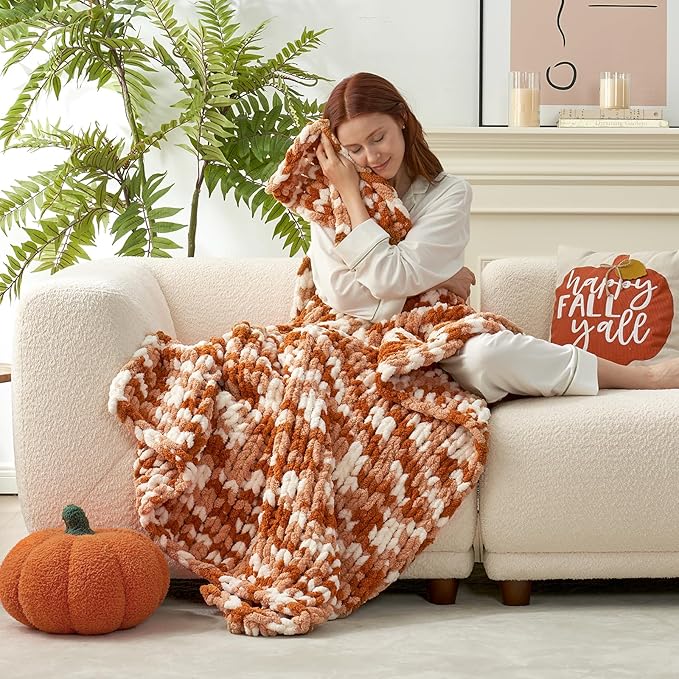 Amélie Home Chunky Knit Throw Blanket for Couch, Soft Chenille Crochet Blanket for Sofa, 50"x60", Space-Dyed Burnt Orange-Ruum Studio Home