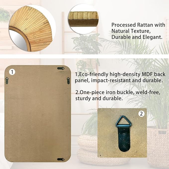 24x36 inch Rattan Rectangular Mirror for Wall, Bohemia Bathroom/Farmhouse Boho Mirrors, Vanity Irragular Decorative Mirror, Suitable for, Nursery, Bedroom, Living Room, Home Decoration-Ruum Studio Home