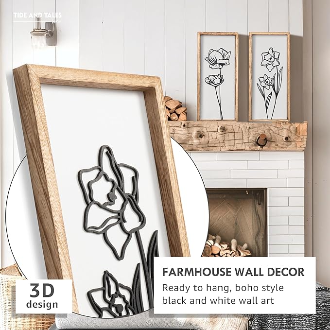 3D Black and White Wall Art (Set of 2) Lightweight, Wooden Ready-to-Hang Framed Floral Wall Art for Bathroom, Bedroom, Living Room or Office – Boho Botanical Farmhouse Decor – Gift-Boxed-Ruum Studio Home