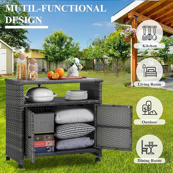 Outdoor Wicker Storage Cabinet,Patio Bar Table with Wheel, Outdoor Buffet Cabinet Movable, Garden Weather-Proof Bar Table/Cart for Indoor&Outdoor (Morden Gray)-Ruum Studio Home