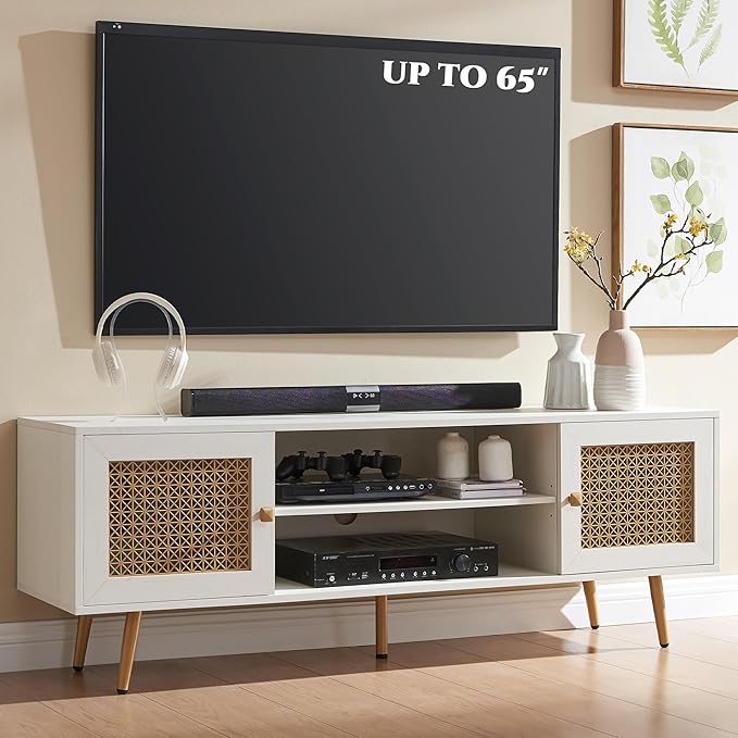 JYED Mid Century Modern TV Stand with Metal Mesh Doors and Open Shelf for 65" TVs,Antique White Media Console Wood Entertainment Center with Cable Holes for Living Room.59.06"x15.55"x20.87"-Ruum Studio Home