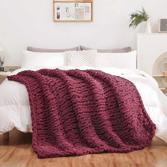 WESHIONGOO Chunky Knit Blanket Throw 50"×60" Knitted Throw Blankets for Couch Bed Fluffy Soft Blanket with Jumbo Chenille Yarn Thick 100% Handmade(Burgundy Red)-Ruum Studio Home