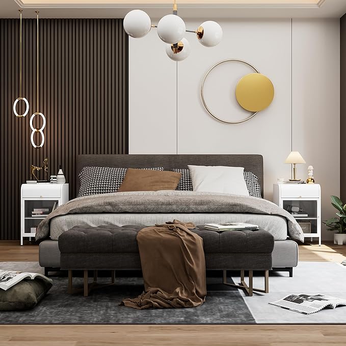 Modern Metal Side Tables, End Tables with Glass Door, 2-Tier Nightstands with Storage Shelves, Accent Table, Slim Sofa Table for Living Room, Bedroom (1, White)-Ruum Studio Home