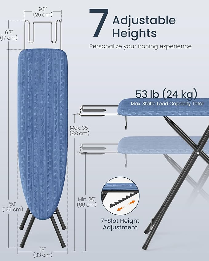 SONGMICS Ironing Board, Foldable Iron Board, Height Adjustable up to 35 Inches, with 4 Layered Cover and Pad, Iron Rest, Hook, Steel X-Legs, for Home, Laundry Room, Dorm, Midnight Blue ULLB001Q01-Ruum Studio Home