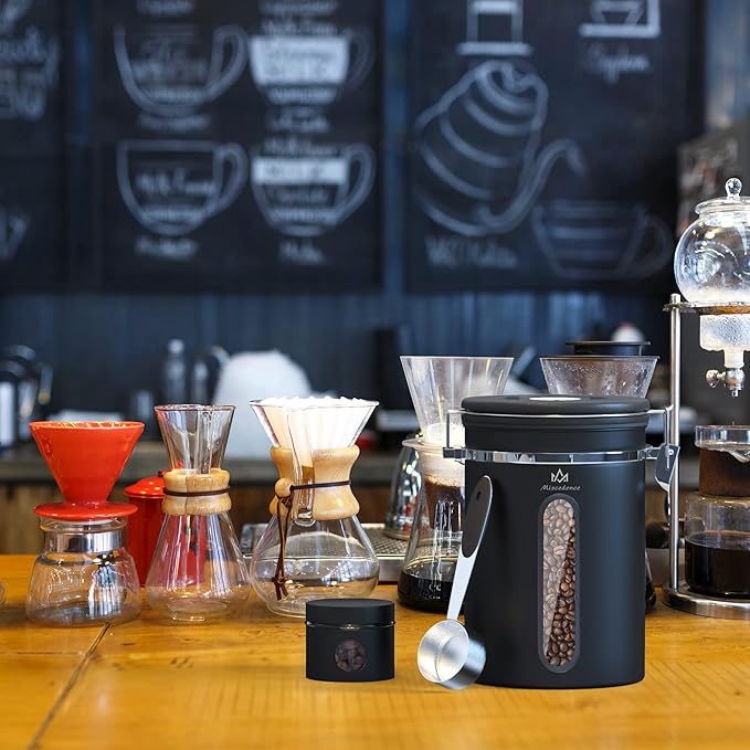 Coffee Canister for ground coffee with Transparent Window,Date Tracker CO2 Valve 304 Stainless Steel Kitchen Food Airtight storage container for Coffee Beans or Grounds, Tea, Sugar(black 22OZ)-Ruum Studio Home