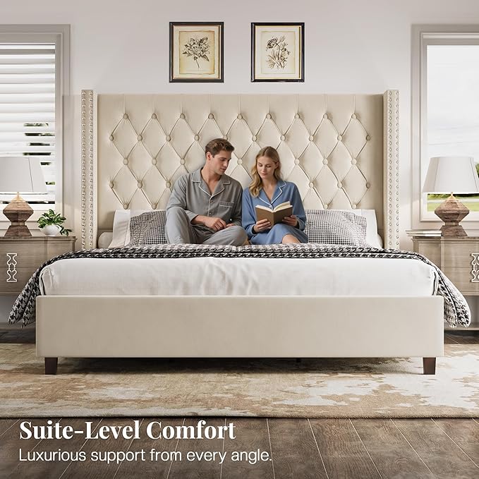 PaPaJet Queen Size Bed Frame with 61.4" Tall Headboard, Velvet Modern Upholstered Tufted Bed for Adults, Handmade Deep Button Tufting, Solid Wood Legs, No Box Spring Required, Cream-Ruum Studio Home