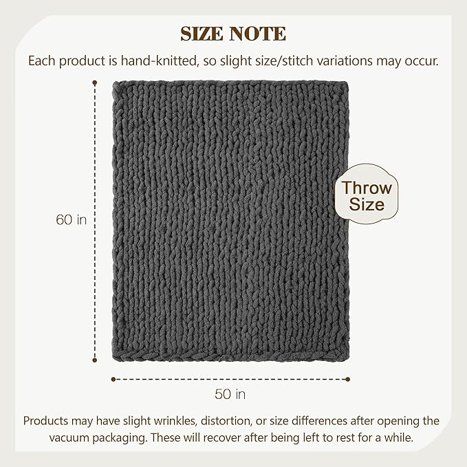 Carriediosa Chunky Knit Throw Blanket 50" X 60", 100% Hand Made Large Chenille Loop Yarn Soft Fluffy Throws for Couch Sofa Bed, Big Crochet Cozy Heavy Thick Cable Woven Blankets, Dark Grey-Ruum Studio Home