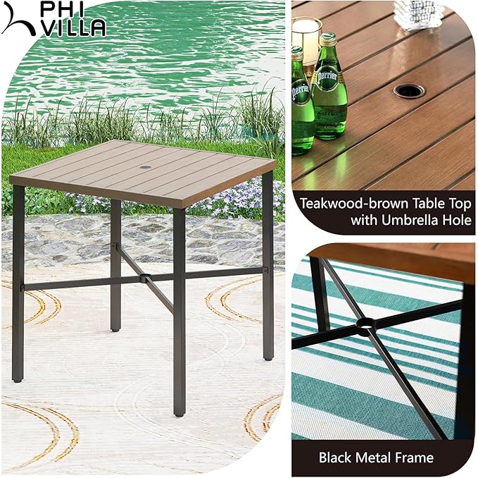 PHI VILLA 36"X36" Outdoor Metal Counter Height Table with 1.57" Umbrella Hole, Square Table with Teakwood-Brown Table Top and Black Table Legs for Outdoor and Indoor-Ruum Studio Home