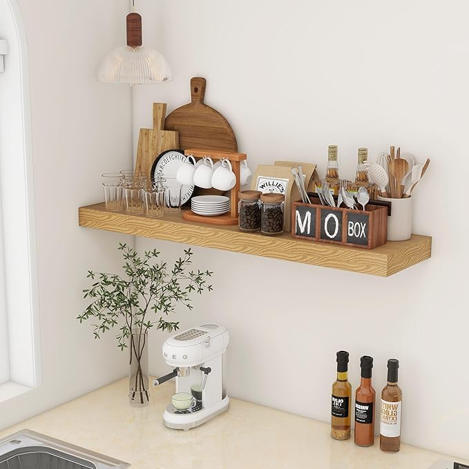 12 Inch Deep Floating Shelves for Wall, 48W x 12D Rustic Oak Wood Floating Shelves, Large Floating Shelves Set of 1 for Living Room Bathroom Laundry Room Bedroom Kitchen Home Office - Oak-Ruum Studio Home