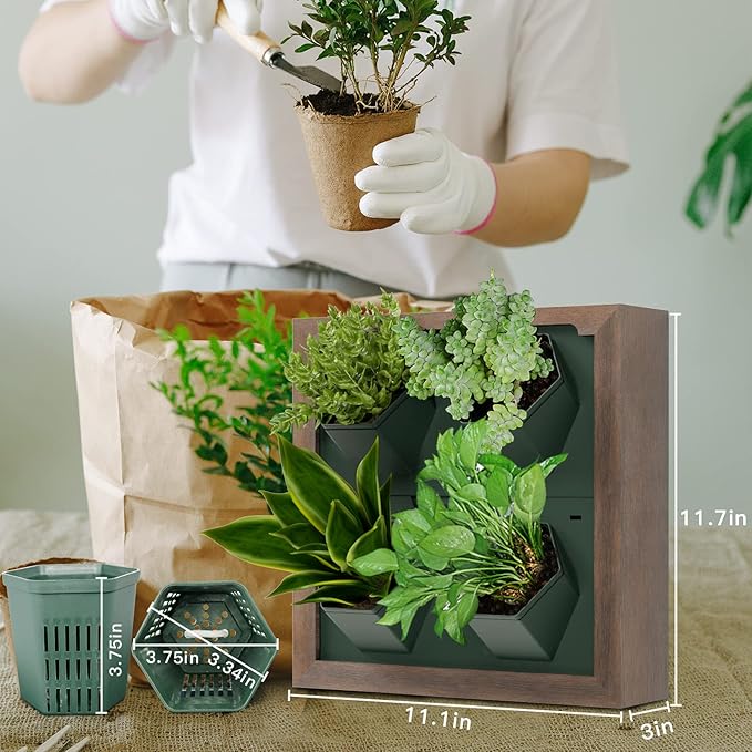 Vertical Wall Planter, 4 Pots Self Watering Living Planters Indoor, Wooden Frame Planter Wall Decoration Home Office (No Screw)-Ruum Studio Home
