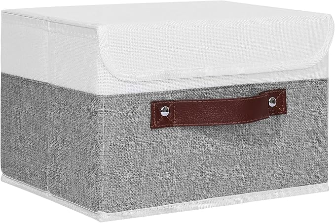 ANMINY Storage Boxes with Lids Washable Decorative Storage Bins Basket with PU Leather Handle Foldable Linen Fabric Storage Cubes Containers for Home Closet Organizer - Gray White, Small Size-Ruum Studio Home