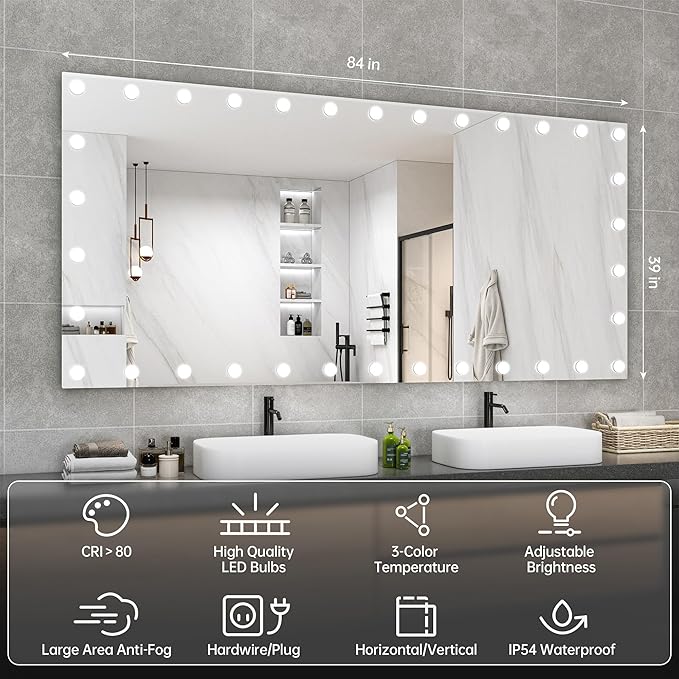 Hasipu LED Bathroom Mirror with Lights, 84" x 40" Hollywood Wall-Mounted Bathroom Mirror with 34 Dimmable Bulbs, 3 Colors Modes, Touch Control, Anti-Fog, Memory Function, Shatter-Proof, ETL Listed-Ruum Studio Home