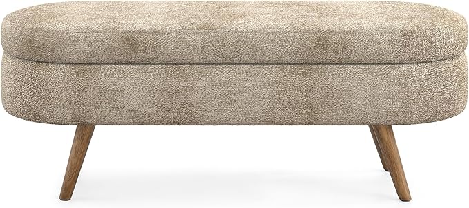 Oval Storage Bench 43.5" Linen Fabric Upholstered Entryway Bench with Solid Wood Legs Ottoman Bench Indoor Bench for Living Room/Bedroom/End of Bed/Entryway (Brown)-Ruum Studio Home