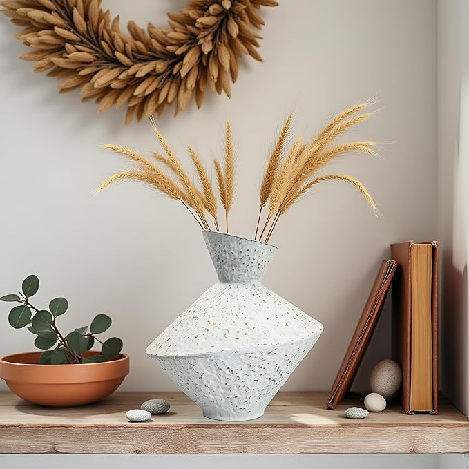 Cast Iron Decorative Vase, Dried Flower Rustic Vases, Wabi Sabi Vase for Modern Home Decor, Living Room, Shelf Decor, Enterway, Wedding, Office, Table, Bedroom, Kitchen, 8.86" H (White)-Ruum Studio Home