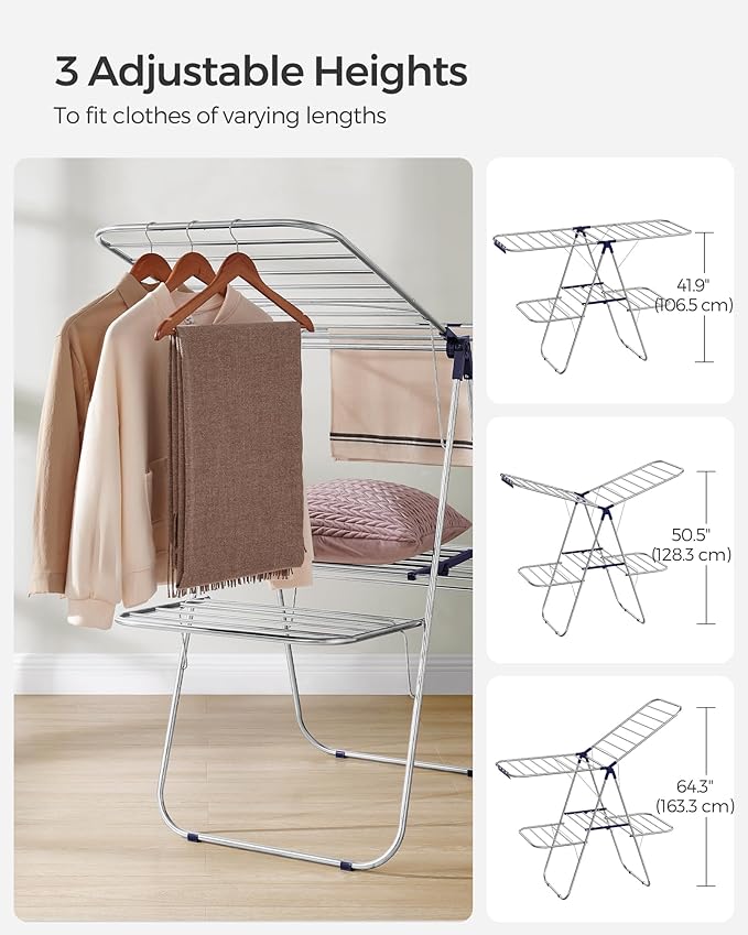 SONGMICS Clothes Drying Rack, Foldable 2-Level Laundry Drying Rack, Free-Standing Laundry Airer, with Height-Adjustable Wings, 33 Drying Rails, Sock Clips, Silver and Blue ULLR53BUV1-Ruum Studio Home