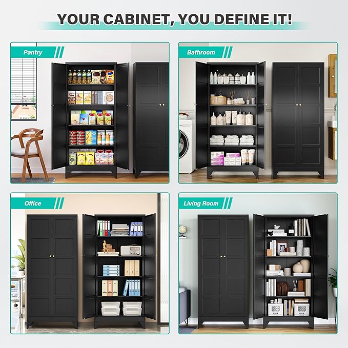 Metal Storages Cabinet with 2 Doors and 5 Shelves,Tall Storage Cabinet,Large Cupboard Closet,Pantry Storage Cabinet for Home,Office,Bathroom,Dining/Living Room (Black, 71" H)-Ruum Studio Home