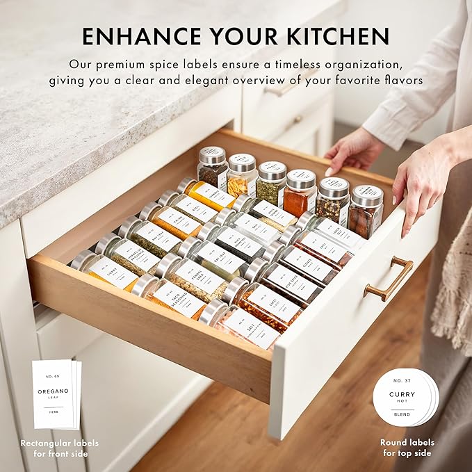 Glass Spice Jars with Label and Stainless Steel Lids (24 x 4oz) Spice Containers with 240 Labels, Shaker Inserts, Steel Funnel, Empty Square Empty Square Seasoning Organizer (White)-Ruum Studio Home