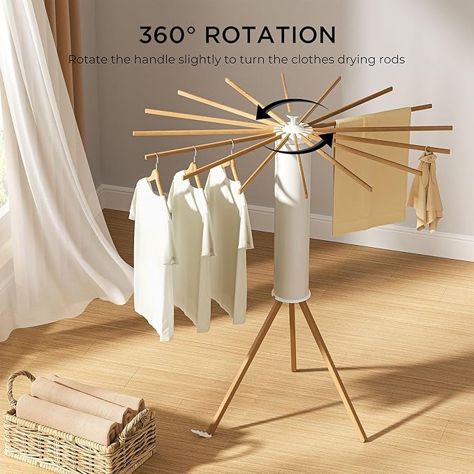 Tripod Clothes Drying Rack, Garment Rack Portable and Foldable Space Saving Laundry Drying Rack - Dryer Rack Clothing Floor Folding Balcony Bedroom Household (Beige(Wood), 16 rods)-Ruum Studio Home