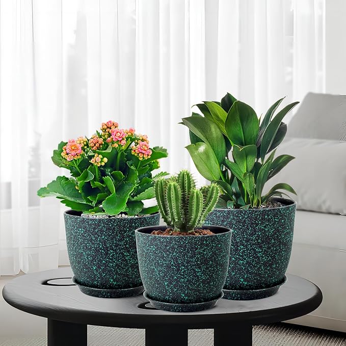 Plant Pots 10/9/8 inch, Set of 3 Modern Decorative Plastic Planters with Drainage Holes and Saucers for Garden House Plants, Flower Pots for Indoor Outdoor Plants, Black with Green Speckles-Ruum Studio Home