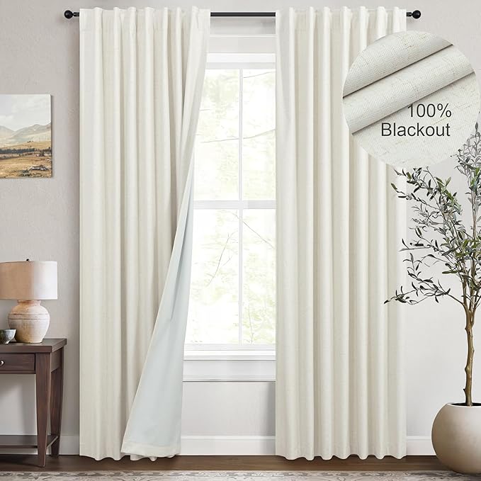 Room Darkening Curtains 72 Inch Long 2 Panels Burg Elegant Heavy Linen Complete Blackout Insulated Bay Window Curtains Viral Modern Neutral Drapes for Bedroom Cabin Kitchen 6FT Length Back Tab Cream-Ruum Studio Home