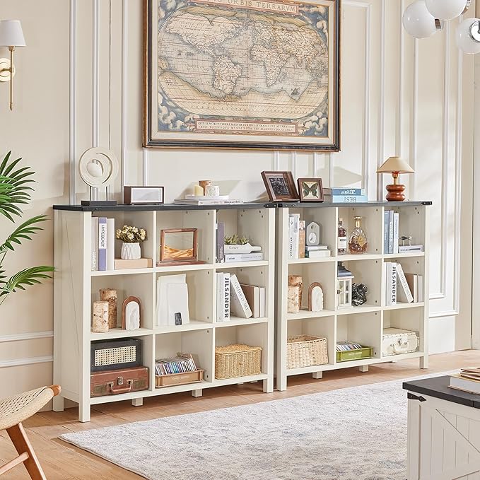 9 Cube Bookcase, Farmhouse 47 Inch Wide White Bookshelf, Wooden 3 Tier Display Large Open Book Shelf, Vintage Horizontal Book Case for Home Office, Cubby Storage Cabinet for Living Room-Ruum Studio Home