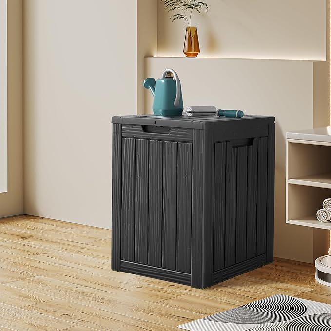 28 Gallon Double-Wall Resin Deck Box - Lockable Waterproof Outdoor Storage Box, 151lbs Capacity & Doubles as Seating for Patio Furniture - Garden Tools, Pool Accessories (Black)-Ruum Studio Home