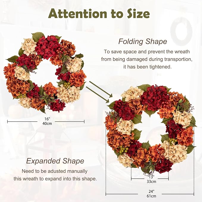 Fall Wreaths for Front Door, 24 inch Autumn Wreath with Hydrangeas Berries Large Fall Door Wreath Artificial Hydrangea Flowers Wreaths Autumn Decorations for Farmhouse Thanksgiving Harvest Door Wall-Ruum Studio Home