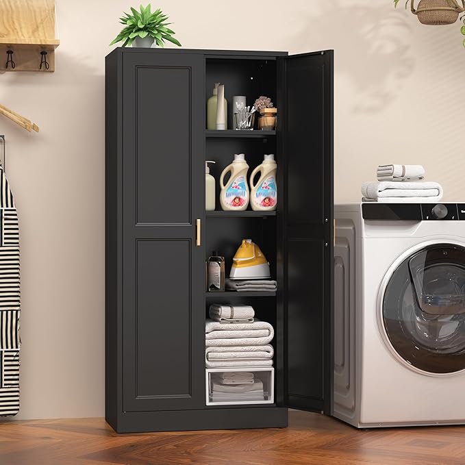 60" Tall Metal Pantry Cabinet, Black Kitchen Pantry Storage Cabinet with Doors and 3 Adjustable Shelves, Cupboard for Kitchen, Dining Room, Living Room, Bathroom-Ruum Studio Home