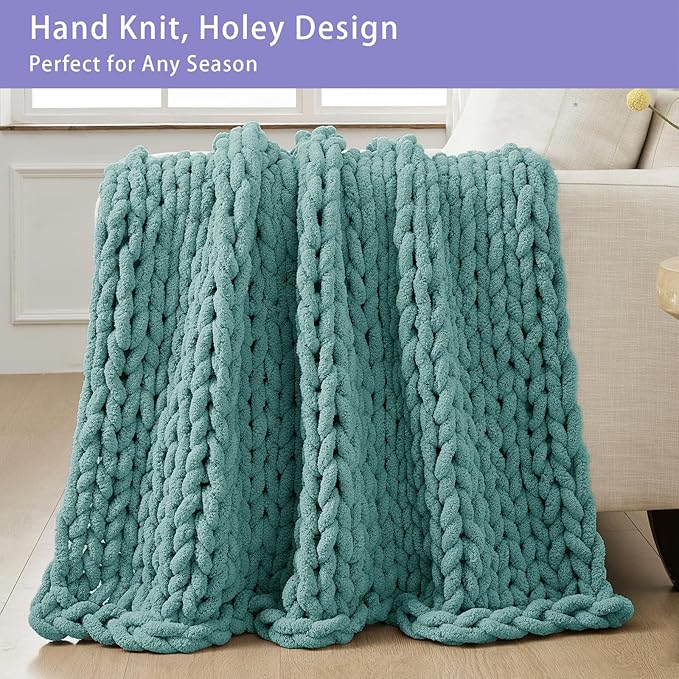 Bigacogo Chunky Knit Throw Blanket for Couch, 51x63 inches, 100% Hand Knitted with Thick Jumbo Chenille Yarn, Cozy Soft Large Rope Knot Cable Crochet Blankets for Sofa Bed Living Room, Light Teal-Ruum Studio Home