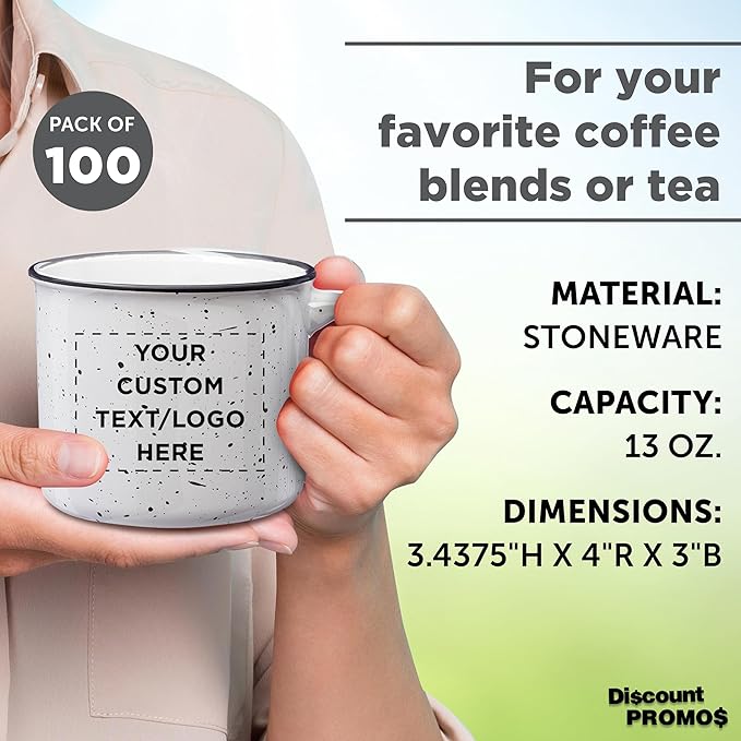 DISCOUNT PROMOS Custom Ceramic Campfire Coffee Mugs 13 oz. Set of 100, Personalized Bulk Pack - Perfect for Tea, Espresso, Cappuccino, Hot Cocoa - White-Ruum Studio Home