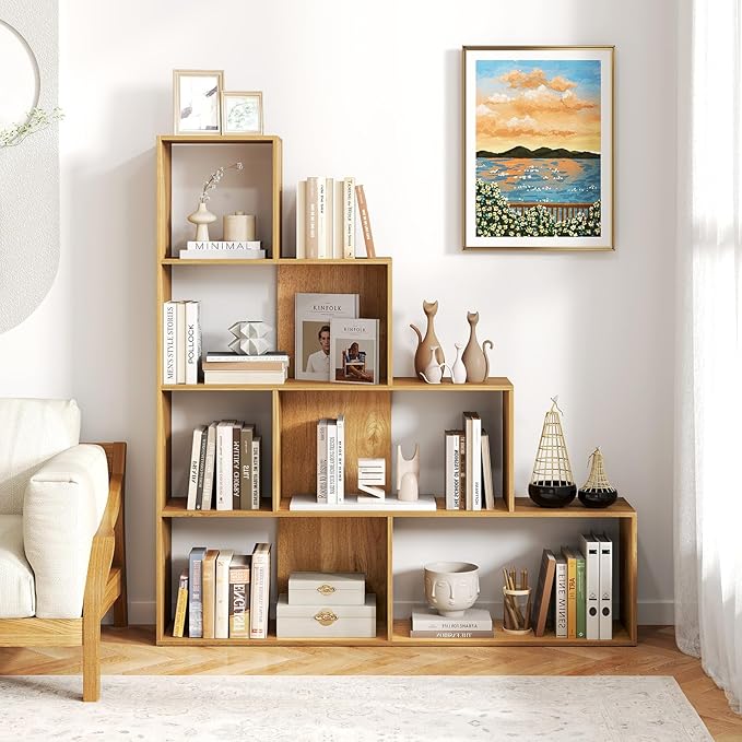 Tangkula 4-Tier Stepped Bookshelf, Freestanding 6 Cubes Ladder Bookcase with Anti-Tipping Kits, 64" Tall Modern Wooden Storage Display Rack for Home Office Living Room Study (1, Natural)-Ruum Studio Home