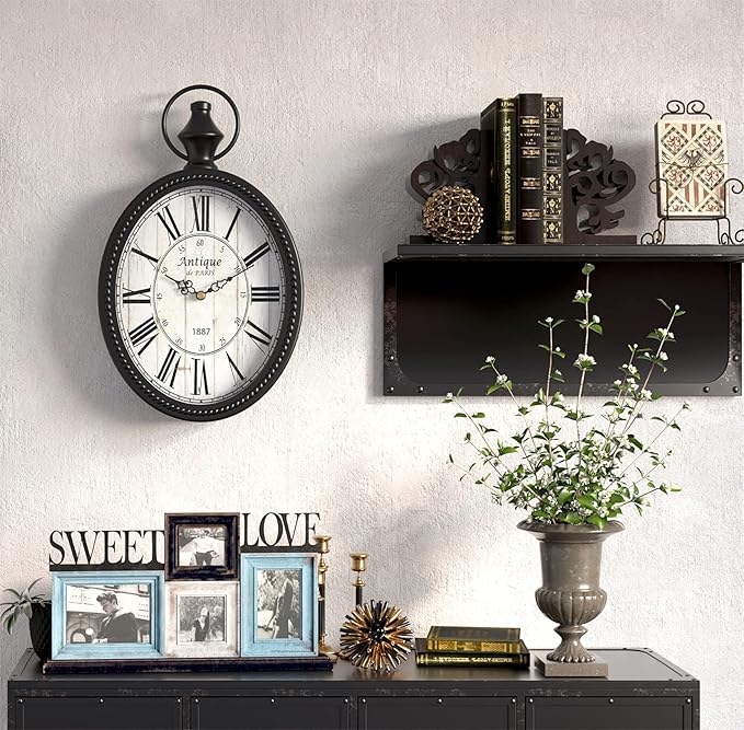 Menterry Small Retro Oval Wall Clock, Antique Old Design, Black Vintage Style, Battery Operated Silent Decor Wall Clocks for Kitchen,Bedroom,Farmhouse,Bathroom (11.2" H x 6.7" W)-Ruum Studio Home