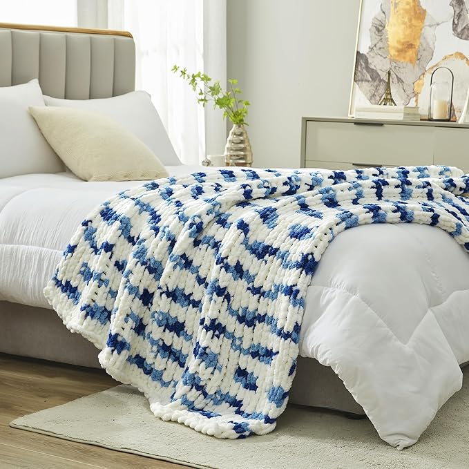 Amélie Home Chunky Knit Throw Blanket for Couch, Soft Chenille Crochet Blanket for Sofa, 50"x60", Space-Dyed Blue Striped-Ruum Studio Home