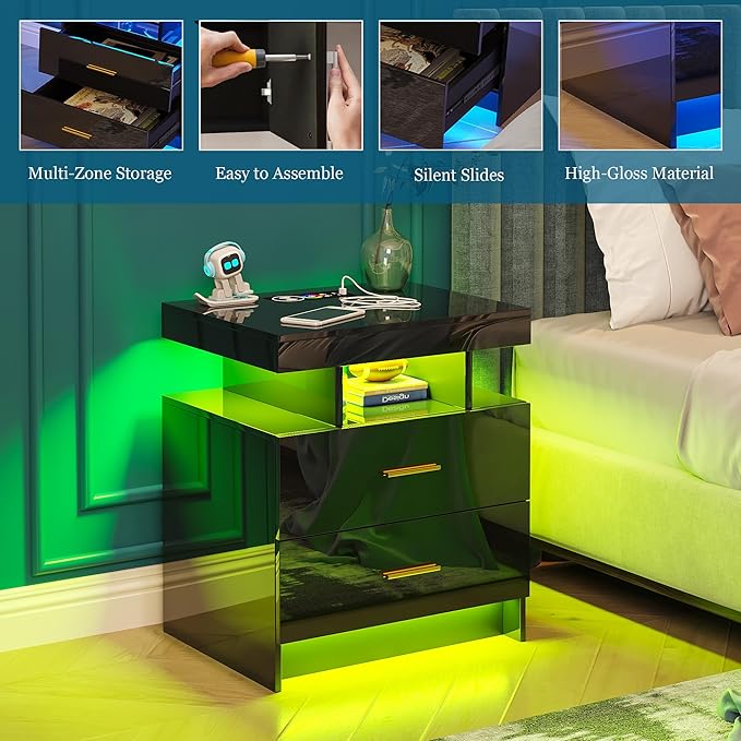 Night Stand with Light, High Gloss Nightstand with USB/Wireless Charging Station, LED Black Nightstands with Storage Drawers, RGB Side End Table for Bedroom Furniture（Black）-Ruum Studio Home