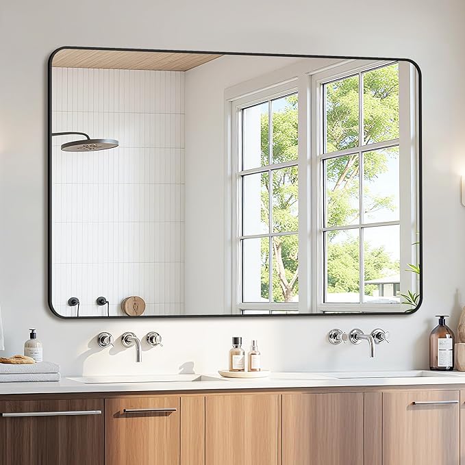 Bathroom Mirror 55" x 36", Large Rectangle Wall Mirror, Black Metal Frame Wall Mounted Mirrors for Bathroom, Vanity, Bedroom, Entryway Decor(Horizontal/Vertical)-Ruum Studio Home