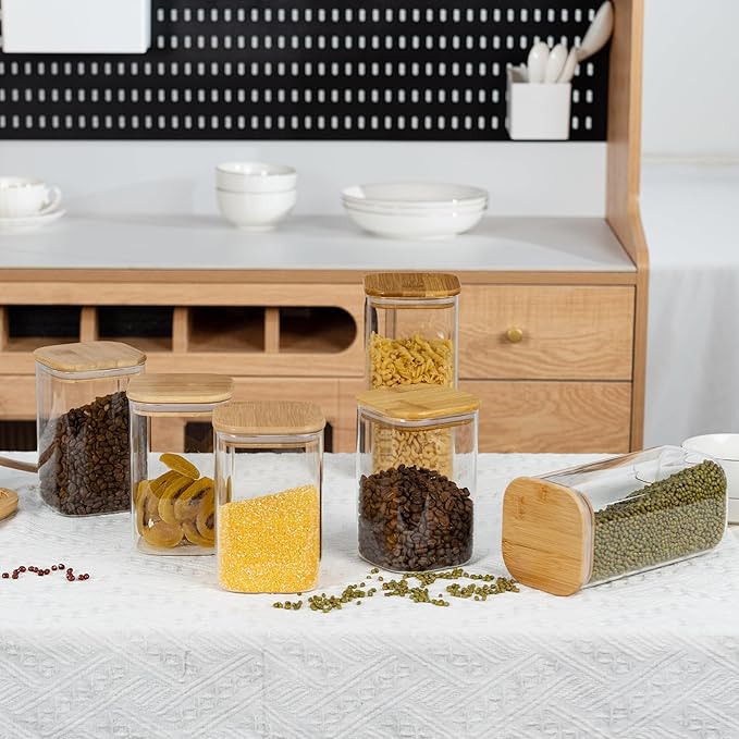 52oz Airtight Glass Square Storage Canister with Bamboo Lid Set of 3 (1550ml) Container Stackable Spice Jar, Kitchen Canister for Flour, Cookies, Cereal and Coffee beans (‎with Black Lable)-Ruum Studio Home