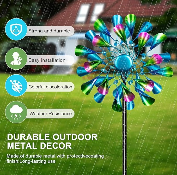 60'' Wind Spinner with Color Glass Ball Solar Lights, Green Peacock Feathers Metal Garden Outdoor Decor Yard Lawn Art Decor for Patio Kinetic Windmills Unique Gifts for Friends and Family-Ruum Studio Home