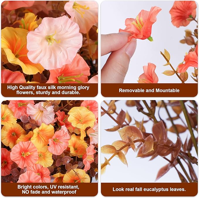 Artificial Mums for Outdoors Fake Fall Flowers Plants for Autumn Decoration, 12 Bundles Silk Morning Glory with Eucalyptus Look Real UV Resistant Faux Mums for Outside Planters Yard Patio Porch, Mix-Ruum Studio Home