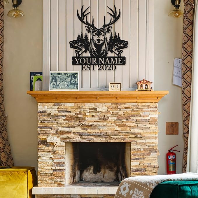 Personalized Custom Forest Deer and Fish Wall Decor, Metal Signs, Black Metal Wall Art, Custom Name Signs for Dad's Shed, Camping and Hunting Decor-Ruum Studio Home