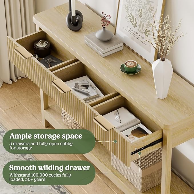 Lulive 51" Fluted Console Table for Entryway, Entryway Table with 3 Wooden Drawers, Farmhouse Behind Sofa Table for Living Room, Hallway, Couch, Foyer-Ruum Studio Home