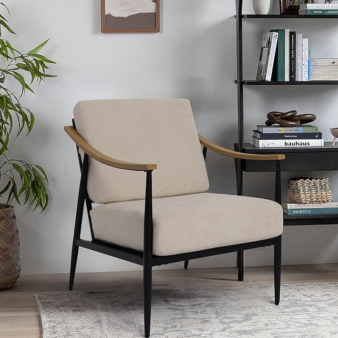 Modern Accent Chair for Living Room Bedroom Mid Century Arm Chair Upholstered Office Accent Chair Comfy Waiting Room Chair with Metal Frame, Beige-Ruum Studio Home