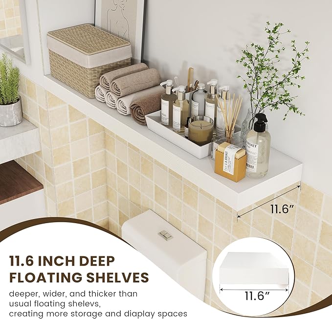 White Floating Shelves for Wall - 48 Inch Wide x 12 Inch Deep Wall Shelves Set of 1 - Rustic Wood Shelves for Living Room, Bathroom, Laundry Room, Bedroom, Kitchen, Home Office-Ruum Studio Home