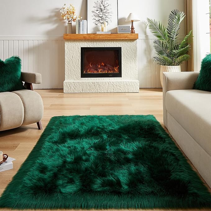 AMTOVO Faux Fur Sheepskin Rug for Living Room, 4 x 6 ft Dark Green Fluffy Area Rug for Bedroom, Playroom, Luxury Room Decor, Rectangle-Ruum Studio Home