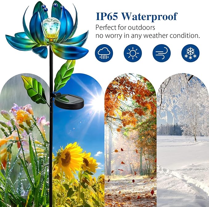 Solar Garden Lights Metal Flower Decor, Colorful Spinning Windmill Lotus Pathway Ligths with LED Cracked Crystal Ball Outdoor Decorative Stake Lighting Waterproof Flower Sculpture for Patio Yard-Ruum Studio Home